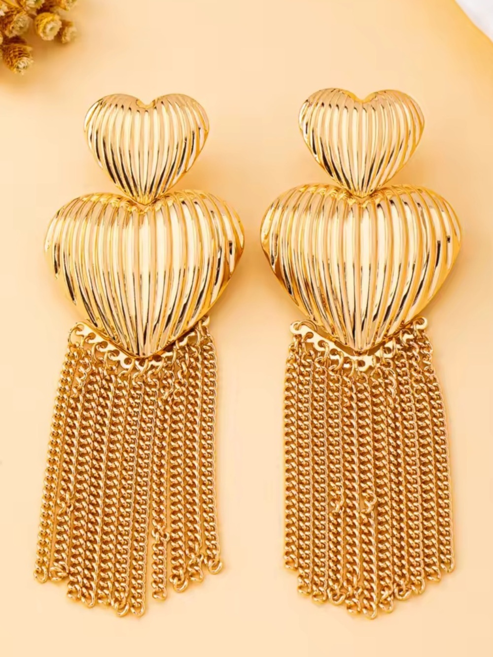 Gold Heart Tassel Drop Earrings